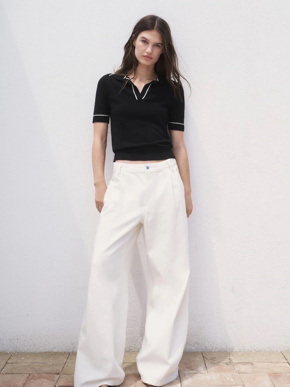 Mango Black Polo Knit Top with White Contrast Piping - Picture 2 of 3